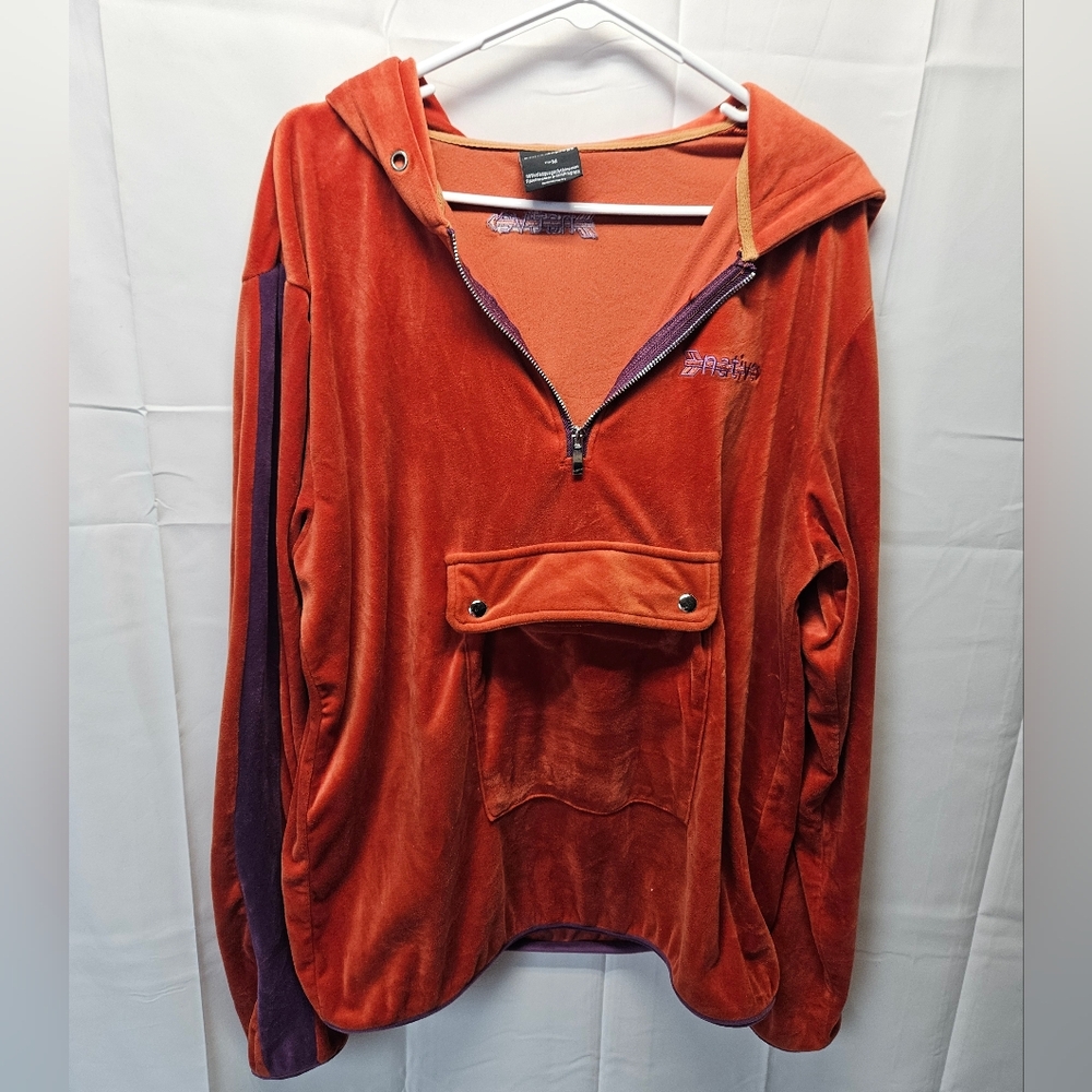 Native Language Velour Orange Hoodie with Purple Trim and a Kangaroo Pocket